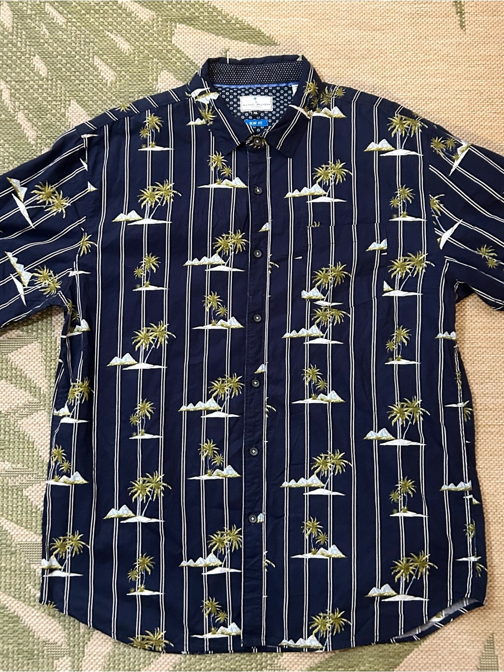 Men's Navy Button Down Aloha Shirt with all over Palm/Island print. XL Slim Fit